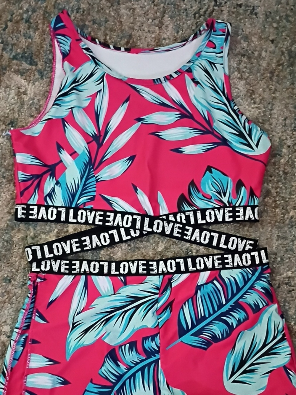 DIY For Someone Tropical Pink & Teal Two-Piece Swim Set with 'LOVE' Waist band